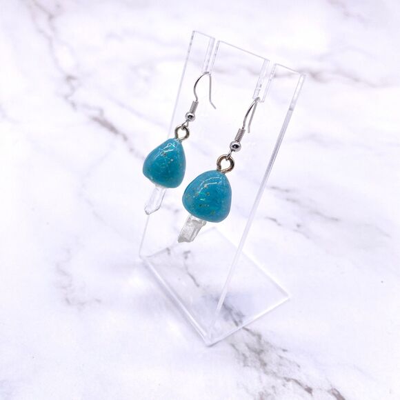 Blue Mushroom Quartz Crystal Dangle wire hook polymer Clay Earrings - Picture 8 of 10